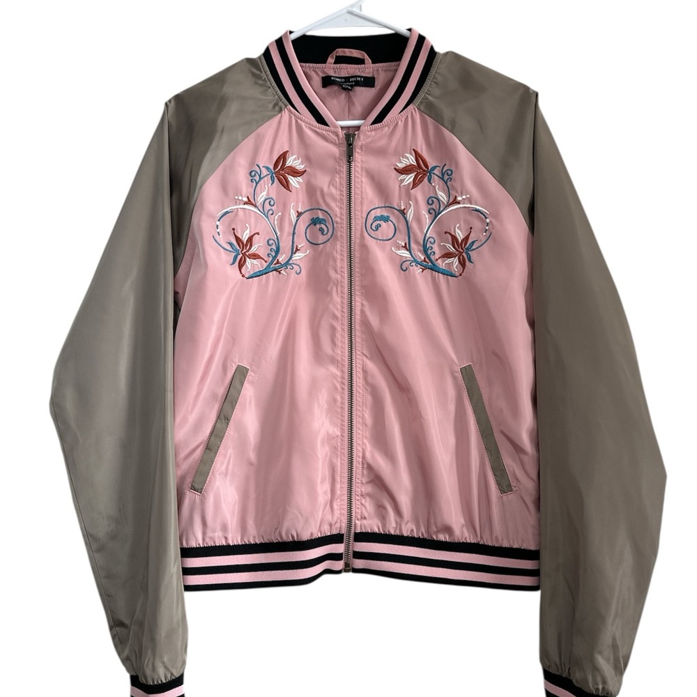 Romeo & Juliet Couture Pink and Tan Embroidered Bomber Jacket. Size M.